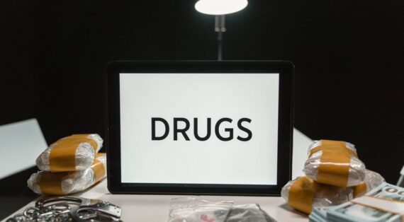 Conceptual image of drugs, money, and handcuffs on a table under harsh light, depicting crime themes.